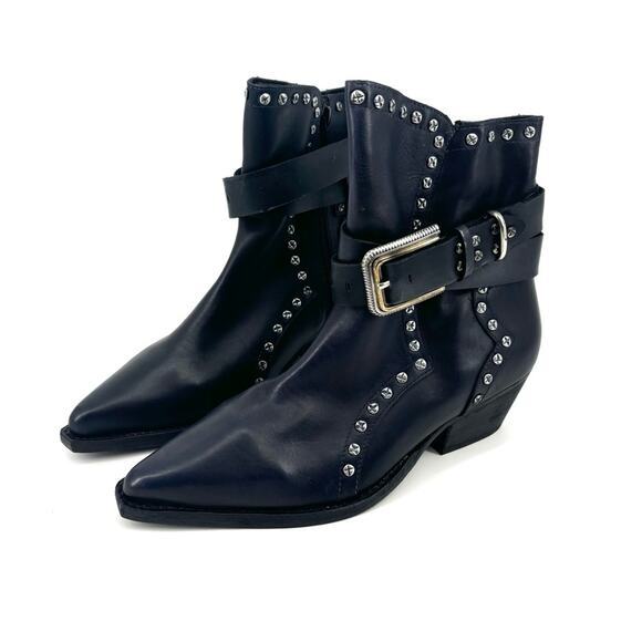 Free People Billy Western Boots Size 8.5 Buckle Studs Pointed Toe Black - Picture 1 of 13